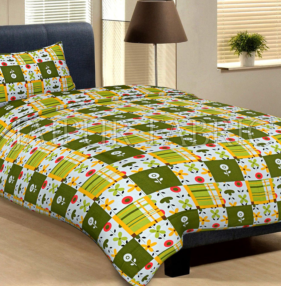 White Base Dark And Light Green Check And Flower Print Cotton Single Bed Sheet with 1 pillow Cover