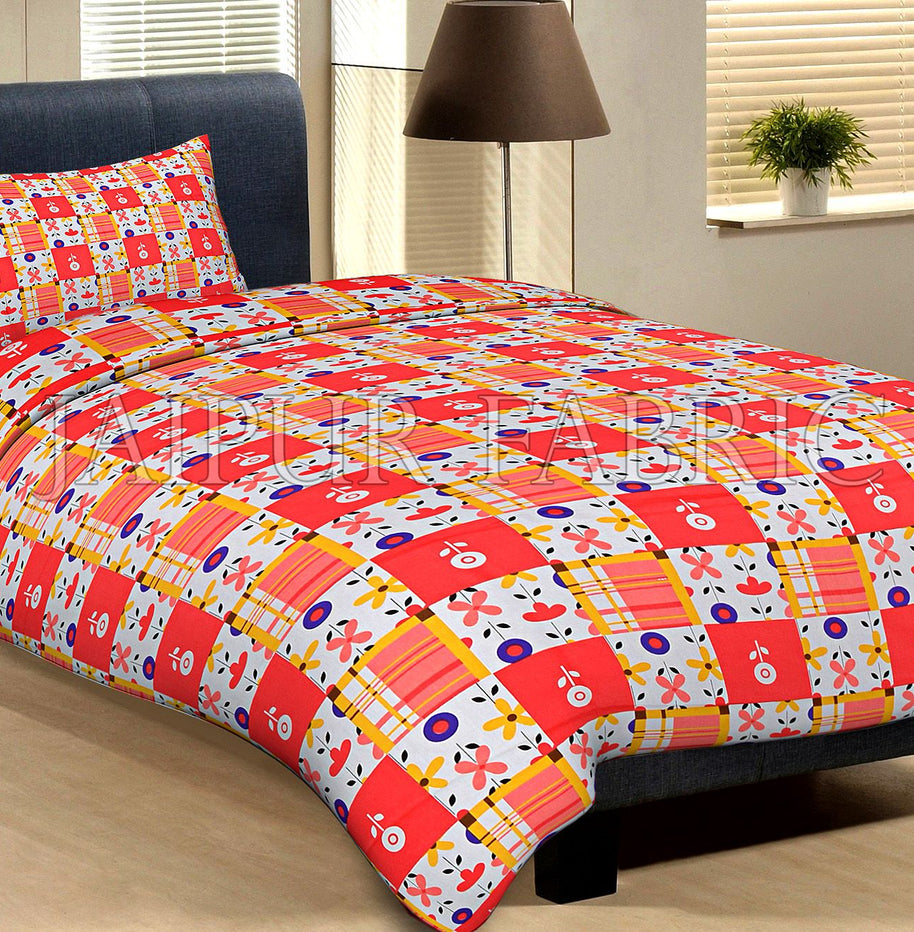 White Base Dark And Light Orange Check And Flower Print Cotton Single Bed Sheet with 1 pillow  Cover