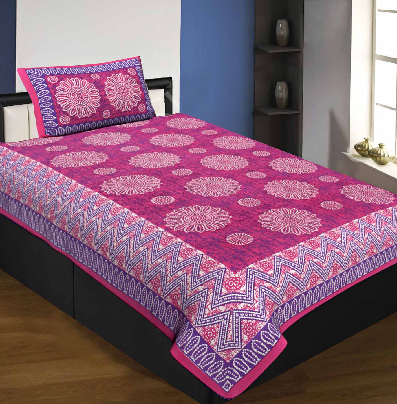 Single Bedsheet Pure Cotton Pink Border Flower Print Zig Zag Pattern