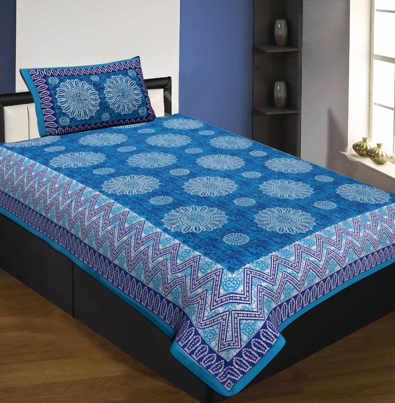 Single Bedsheet Pure Cotton Blue Firozi Border Flower Print Zig Zag Pattern