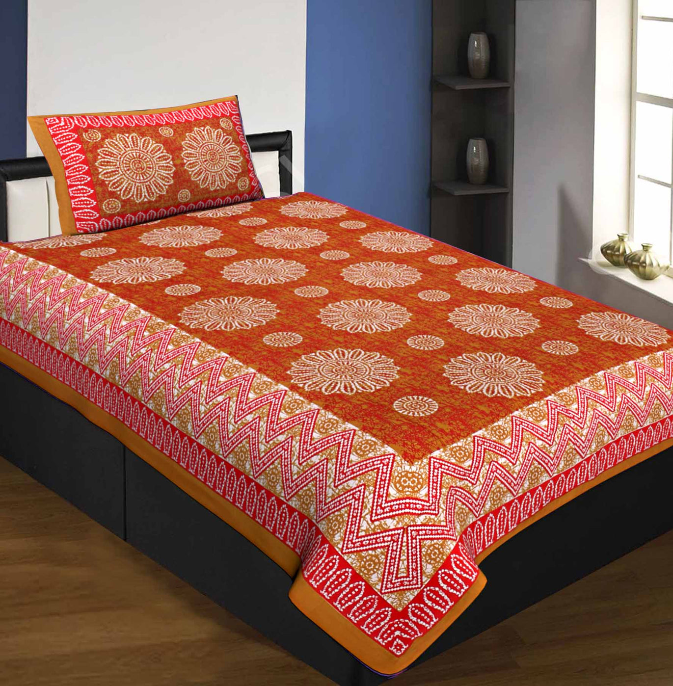 Single Bedsheet Pure Cotton Brown Border Flower Print Zig Zag Pattern