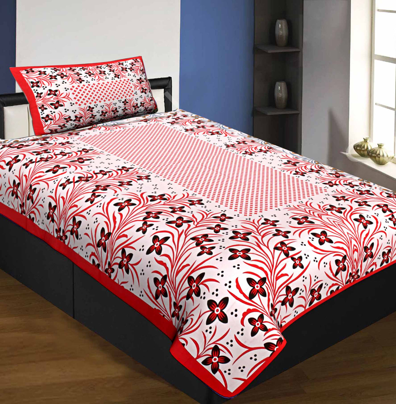 Single Bedsheet Pure Cotton Red Border with Flower and Leaf Pattern