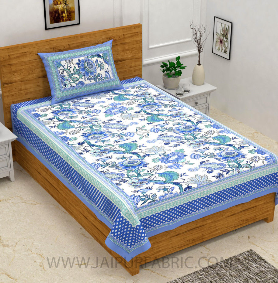 Blue Gala Flowers Single Bedsheet