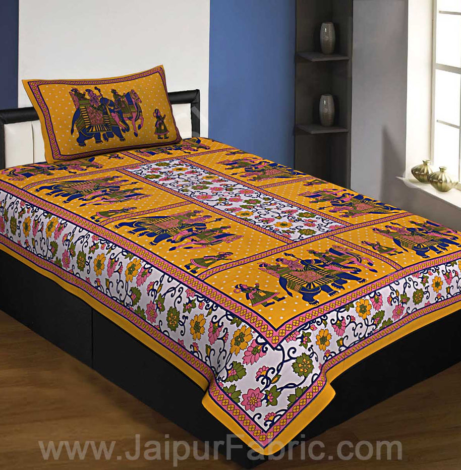 Yellow Border Big Elephant Printed Cotton Single Bed Sheet