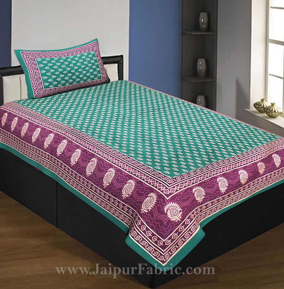 Green Border Leaf Pattern Screen Print Cotton Single Bed Sheet