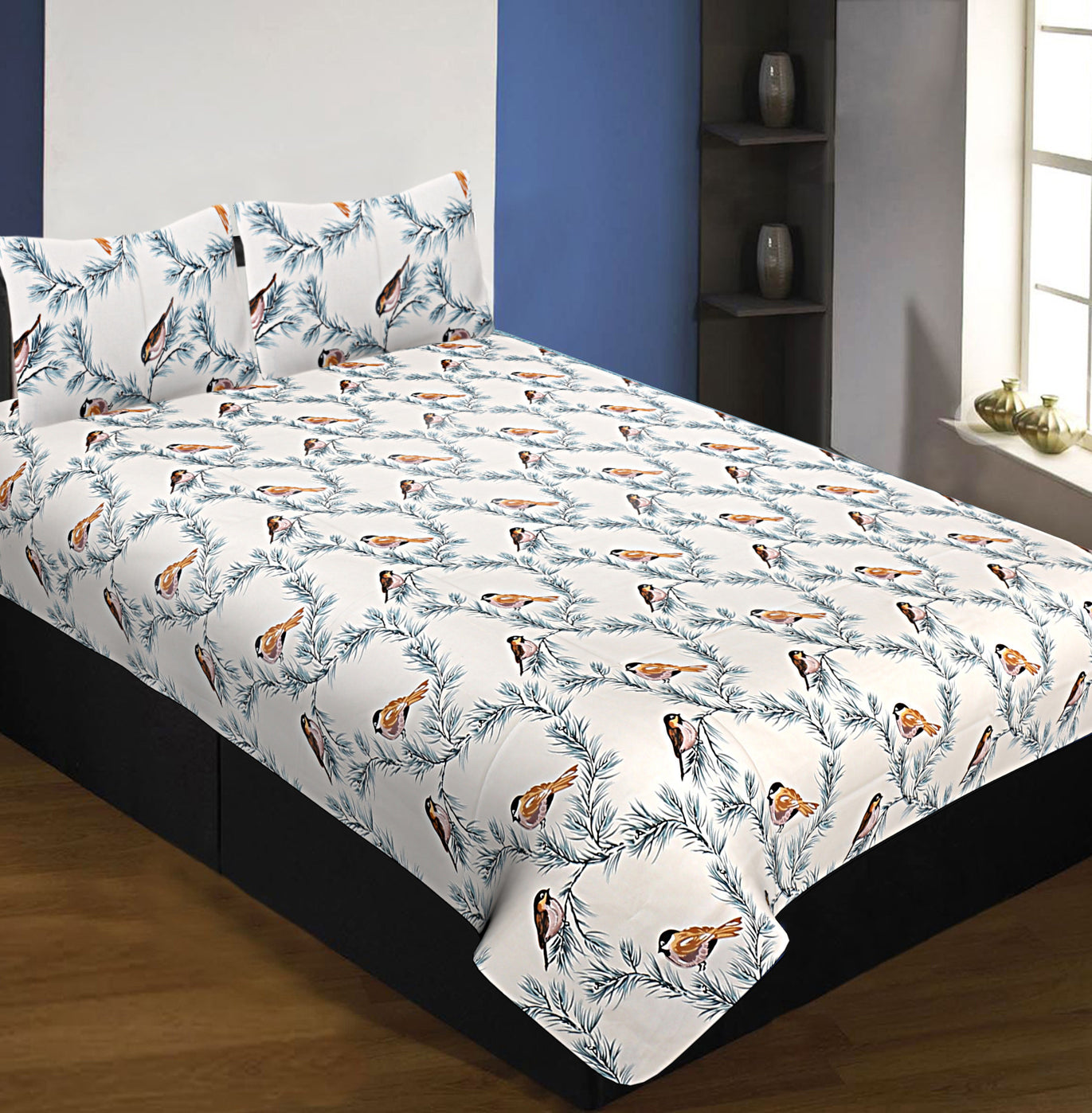 Pure Cotton 240 TC Single Bedsheet indian bird print blue taxable