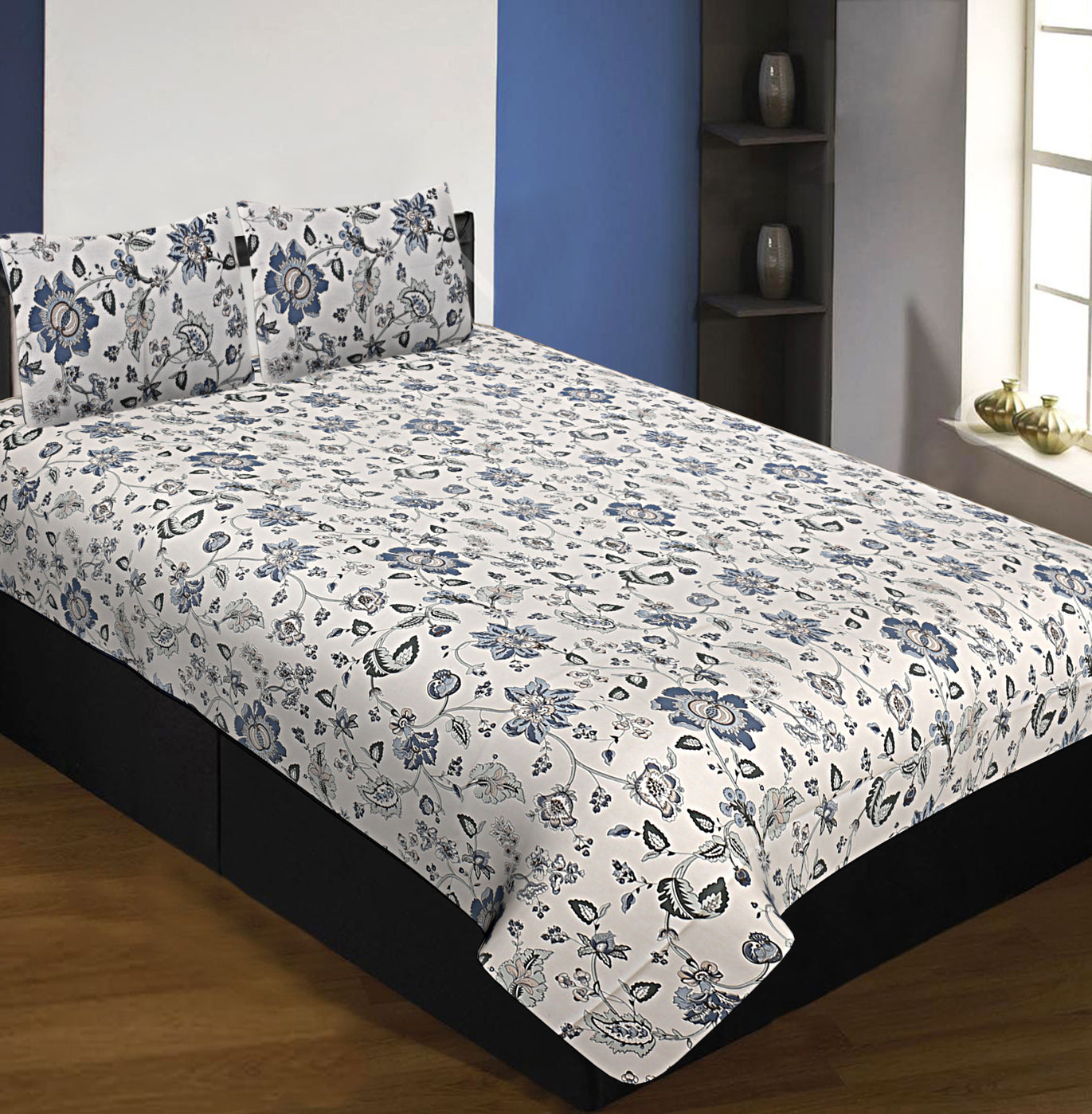 Pure Cotton 240 TC Single Bedsheet in blueish floral pattern