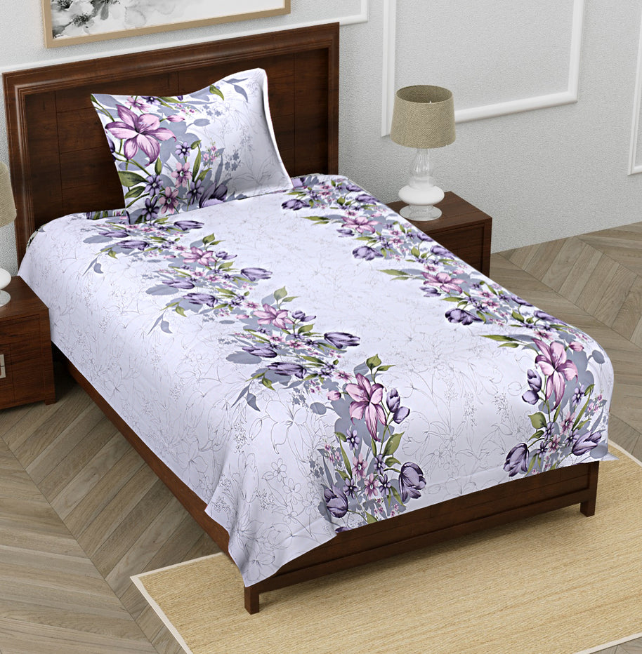 Single Bedsheet Twill Cotton Lilac Purple Floral Motif Print