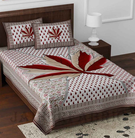 Croton Red Queen Size Pure Cotton Bedsheet with 2 Pillow Covers