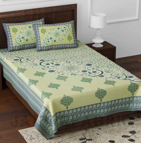 Daisy Green Queen Size Pure Cotton Bedsheet with 2 Pillow Covers