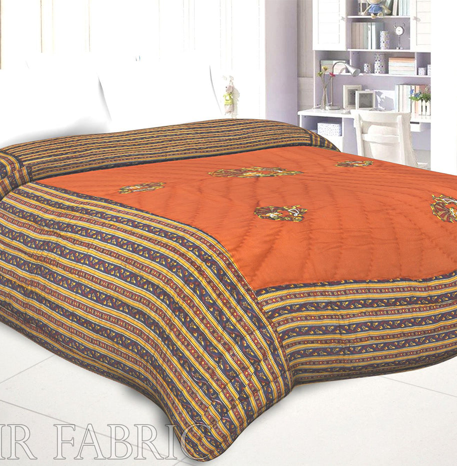 Orange Base Rajasthani Dancing Thread Work Cotton Double Bed Jaipuri Quilt