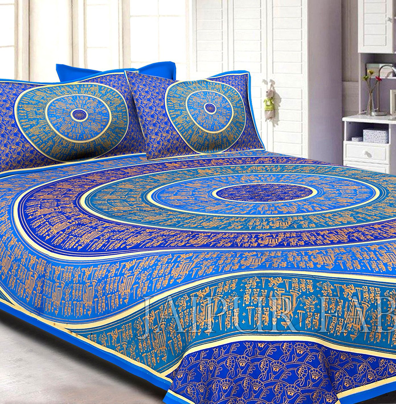 Blue Border Golden Barat In Circle Pattern Super Fine Cotton Double Bedsheet