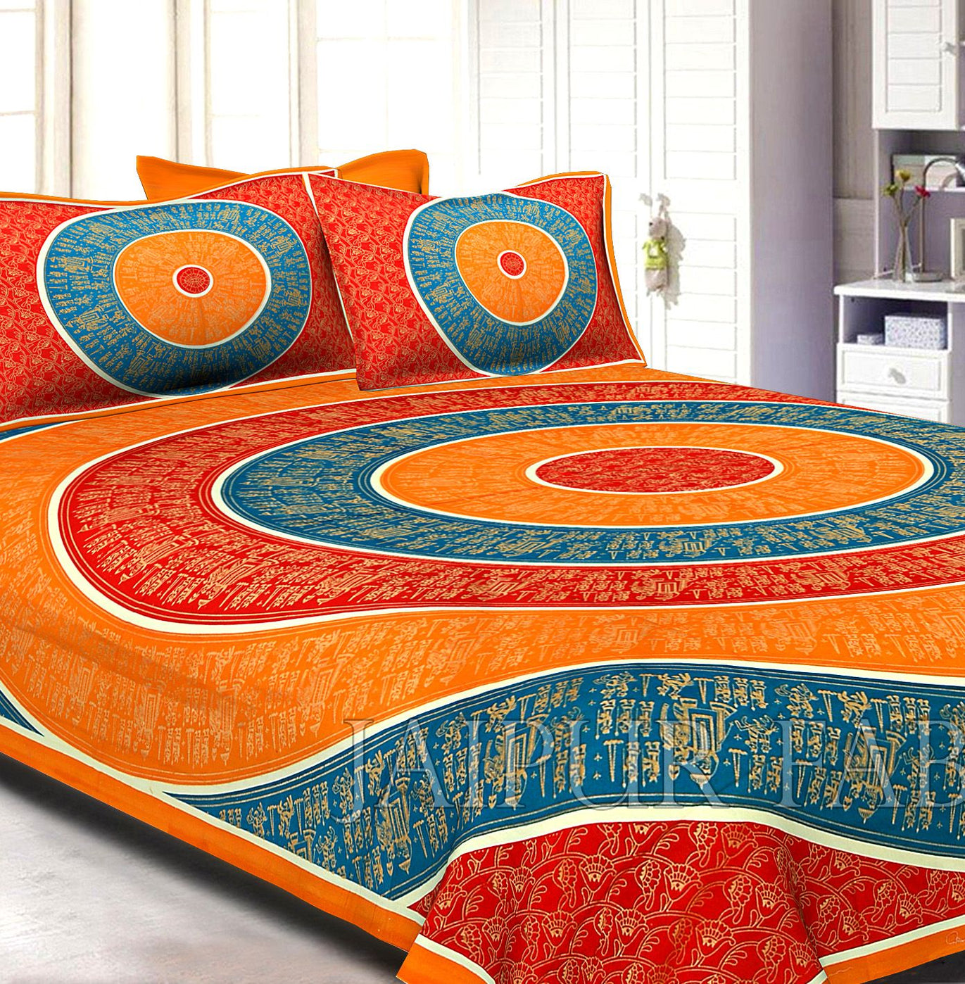 Orange Border Golden Barat In Circle Pattern Super Fine Cotton Double Bedsheet