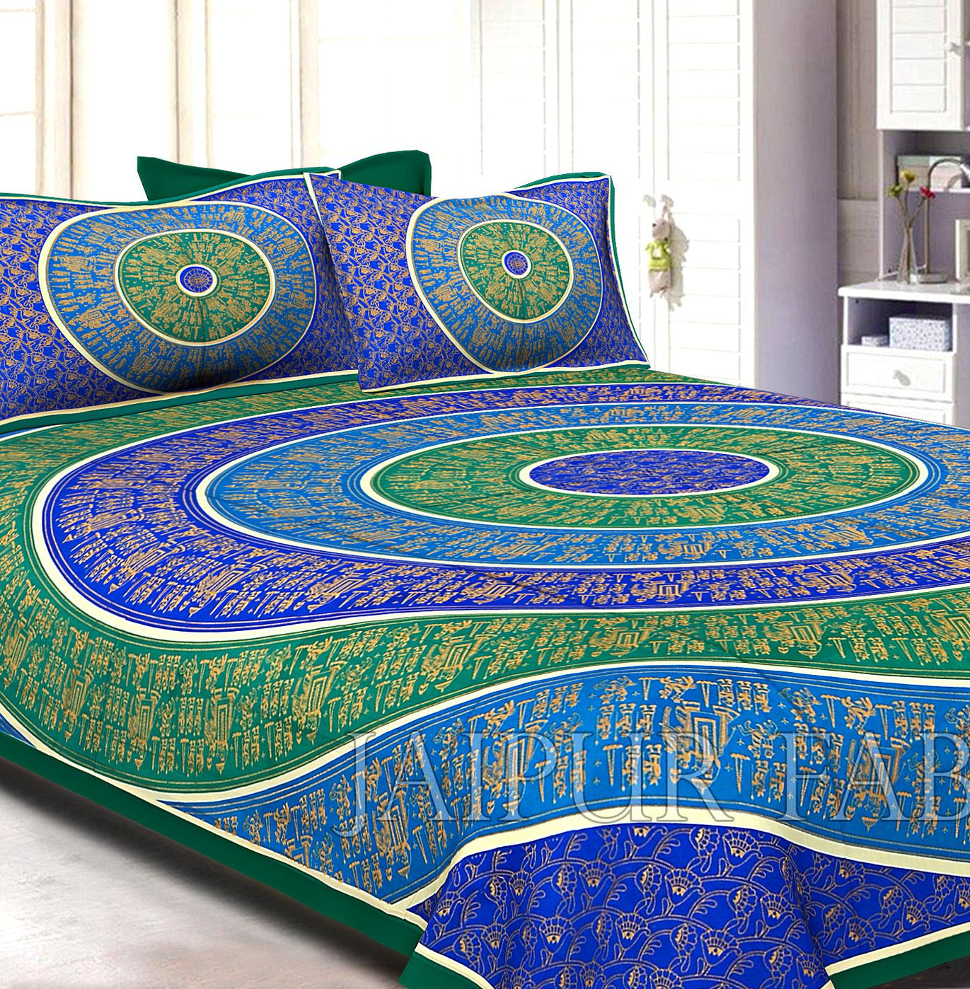 Green Border Golden Barat In Circle Pattern Super Fine Cotton Double Bedsheet