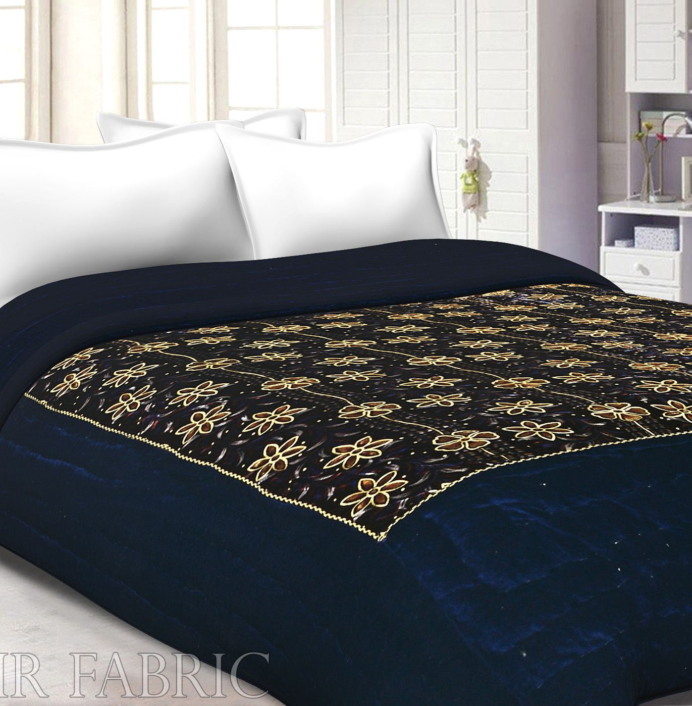 Dark Brown  With  Golden Flower Print  Velvet(Shaneel) Double Quilt