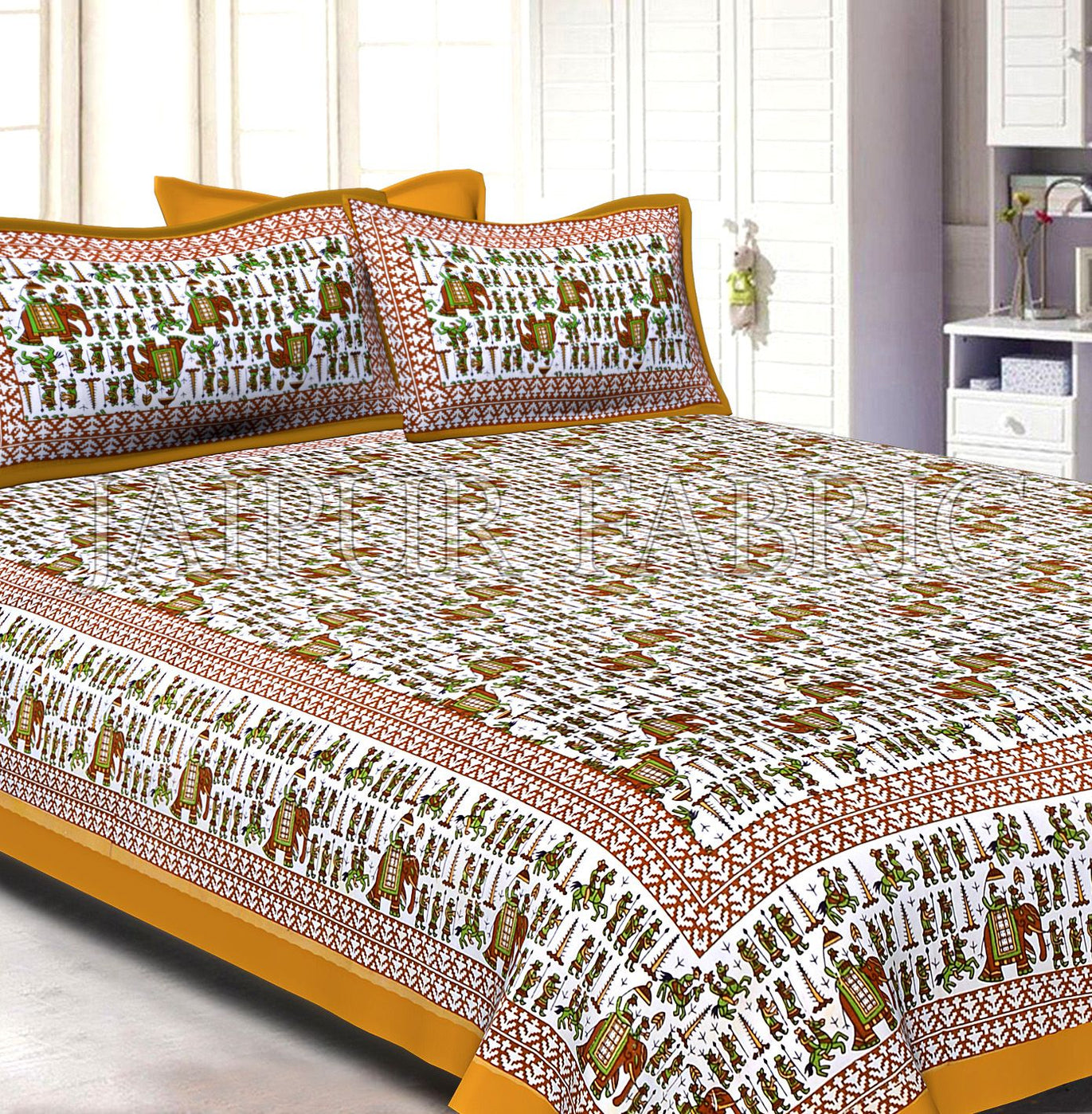 Beige Pastel Color Jaipuri Fat Wedding Print Cotton Double Bed Sheet