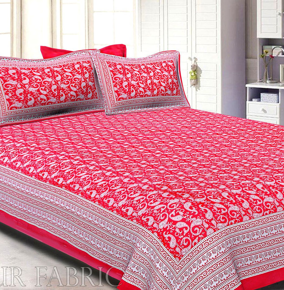 Rose Red Border Base Karry Design Super Fine Cotton Double Bedsheet