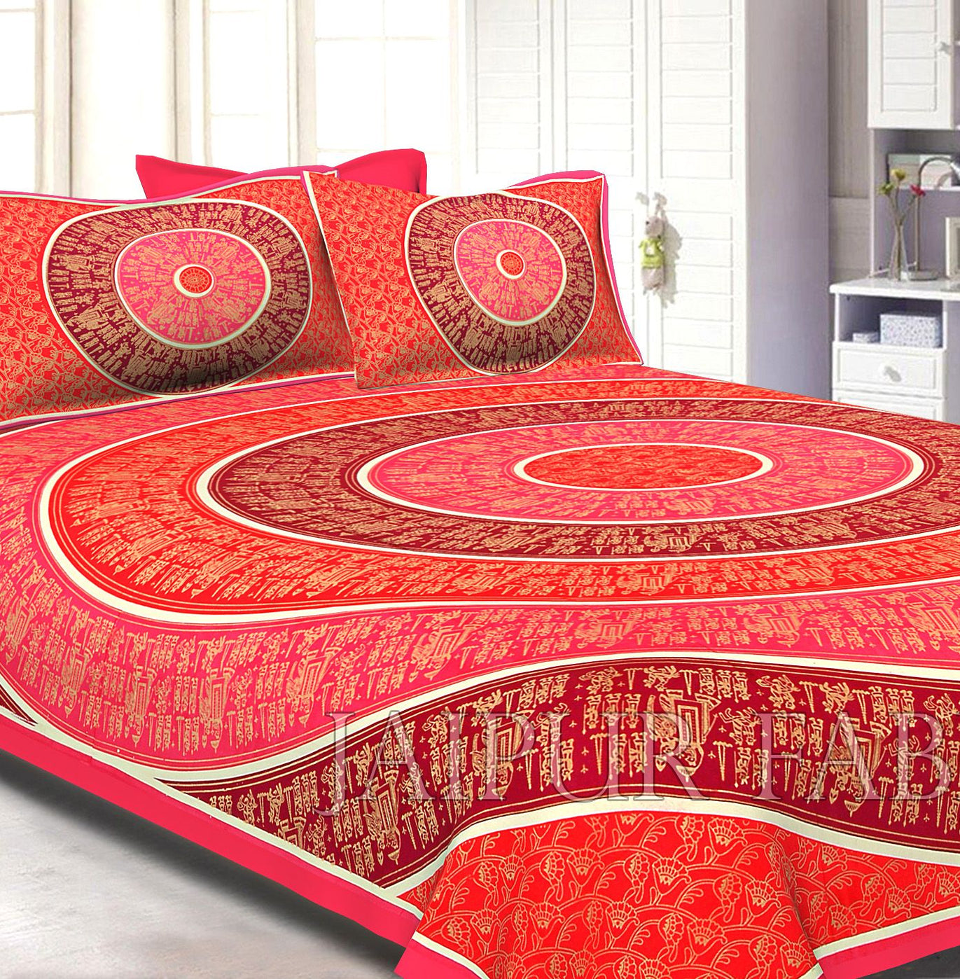 Pink Border Golden Barat In Circle Pattern Super Fine Cotton Double Bedsheet