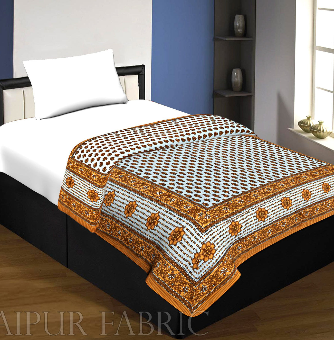 Beige Leaf Print Cotton Handmade Single Bed Jaipuri Quilt