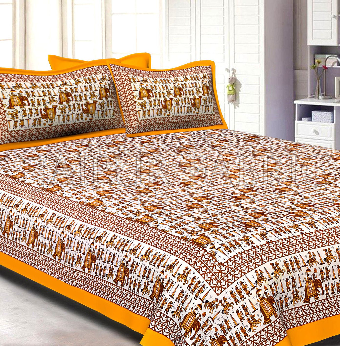 Yellow Pastel Color Jaipuri Fat Wedding Print Cotton Double Bed Sheet