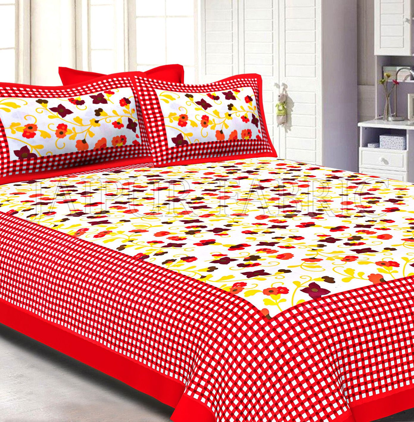 Red Checkered Border Floral Print Cotton Double Bed Sheet