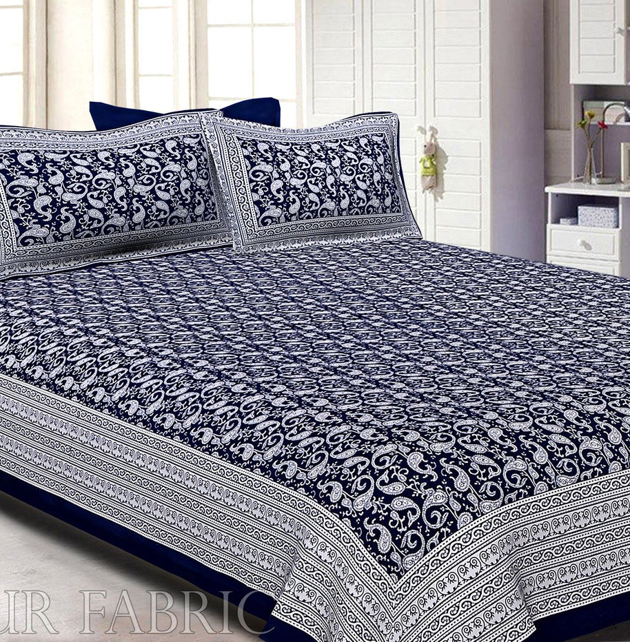 Navy Blue Border Base Karry Design Super Fine Cotton Double Bedsheet