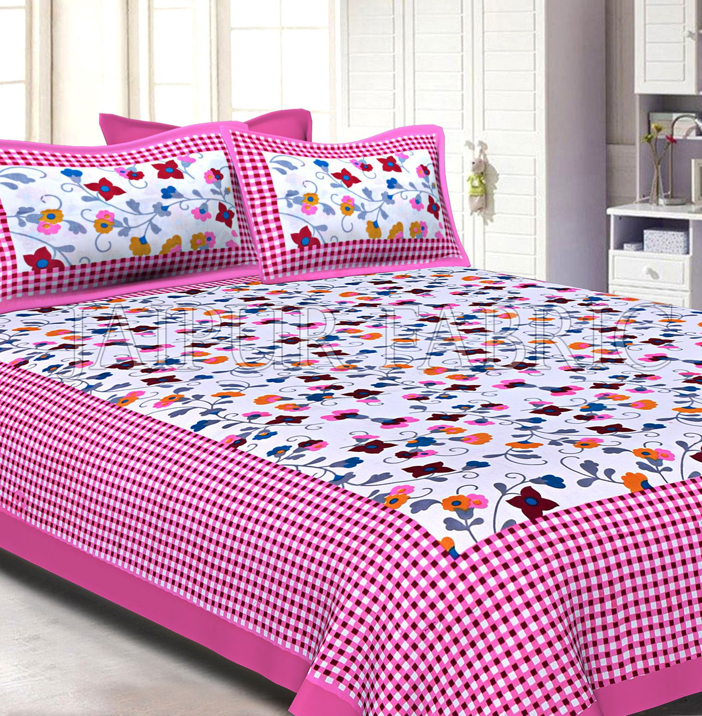 Pink Checkered Border Floral Print Cotton Double Bed Sheet