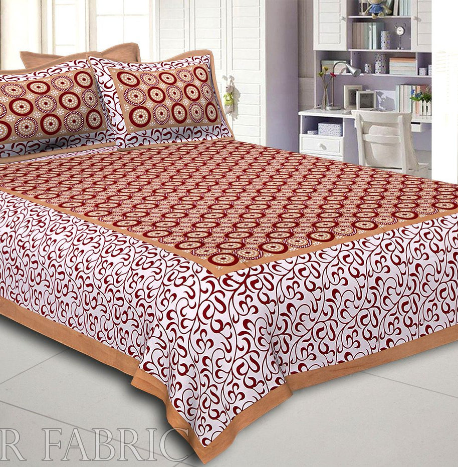 Khaki Border Dotted Circle and Tropical Printed Cotton Double Bed Sheet