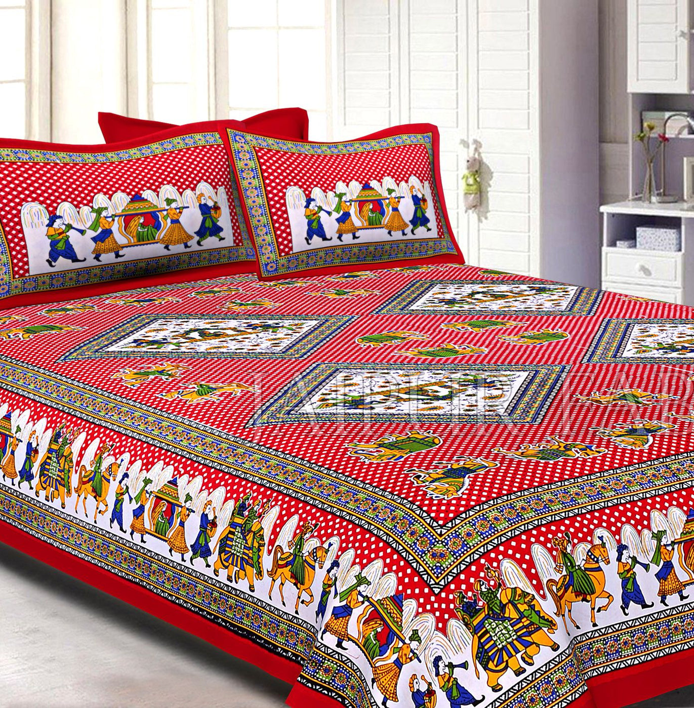 Red base Jaipur doli design with elephant Print Double Bed Sheet and Pillow Covers