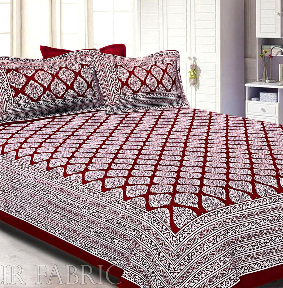 Maroon Border White Base Lahariya Print Super Fine Cotton Double Bedsheet