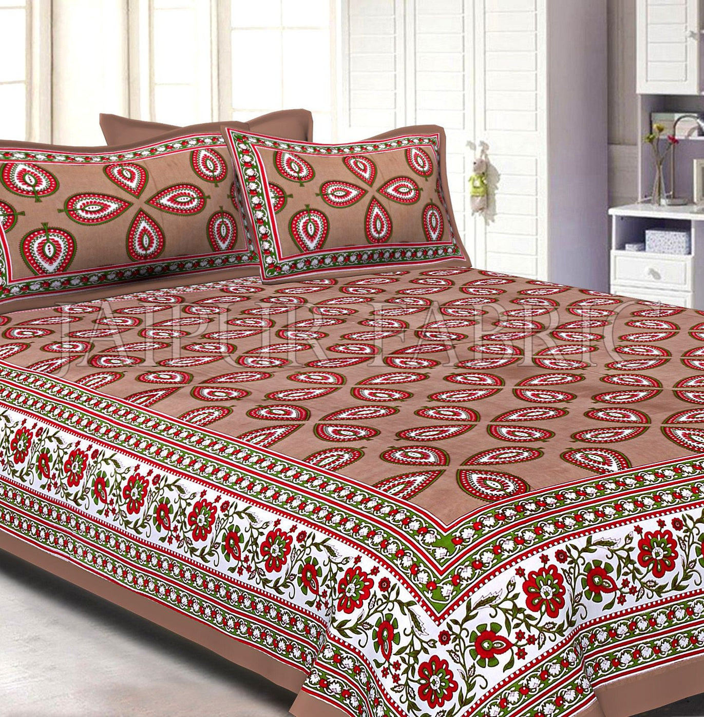 Brown Color Jaipuri Paan Patti Print Double Bed Sheet