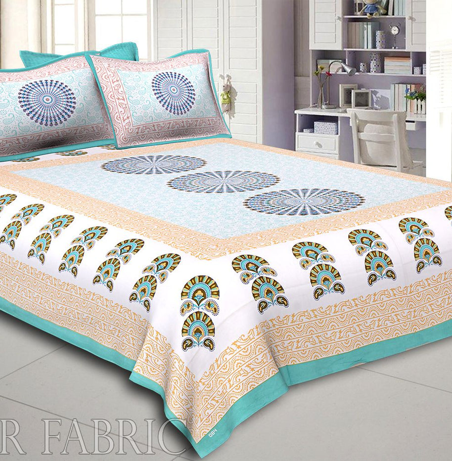 Green Border  Sanganeri Printed Cotton Double Bed Sheet