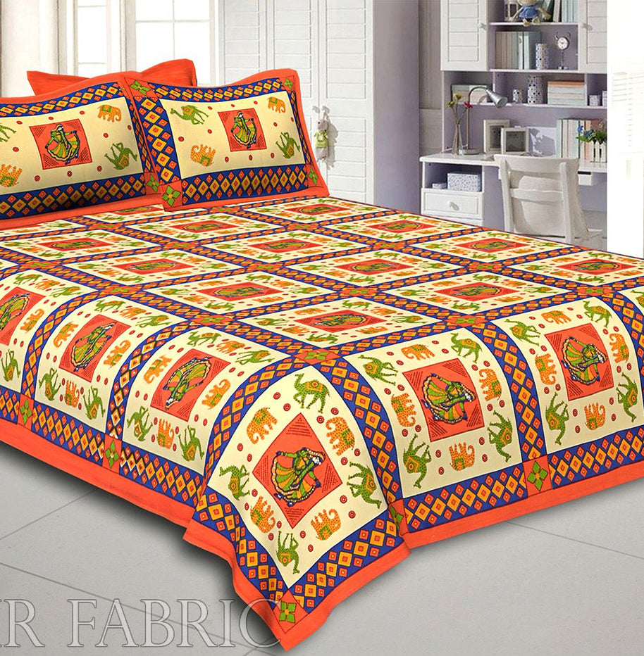 Orange Border Elephant and Camel Rajasthani Folk Dance Cotton Double Bed Sheet