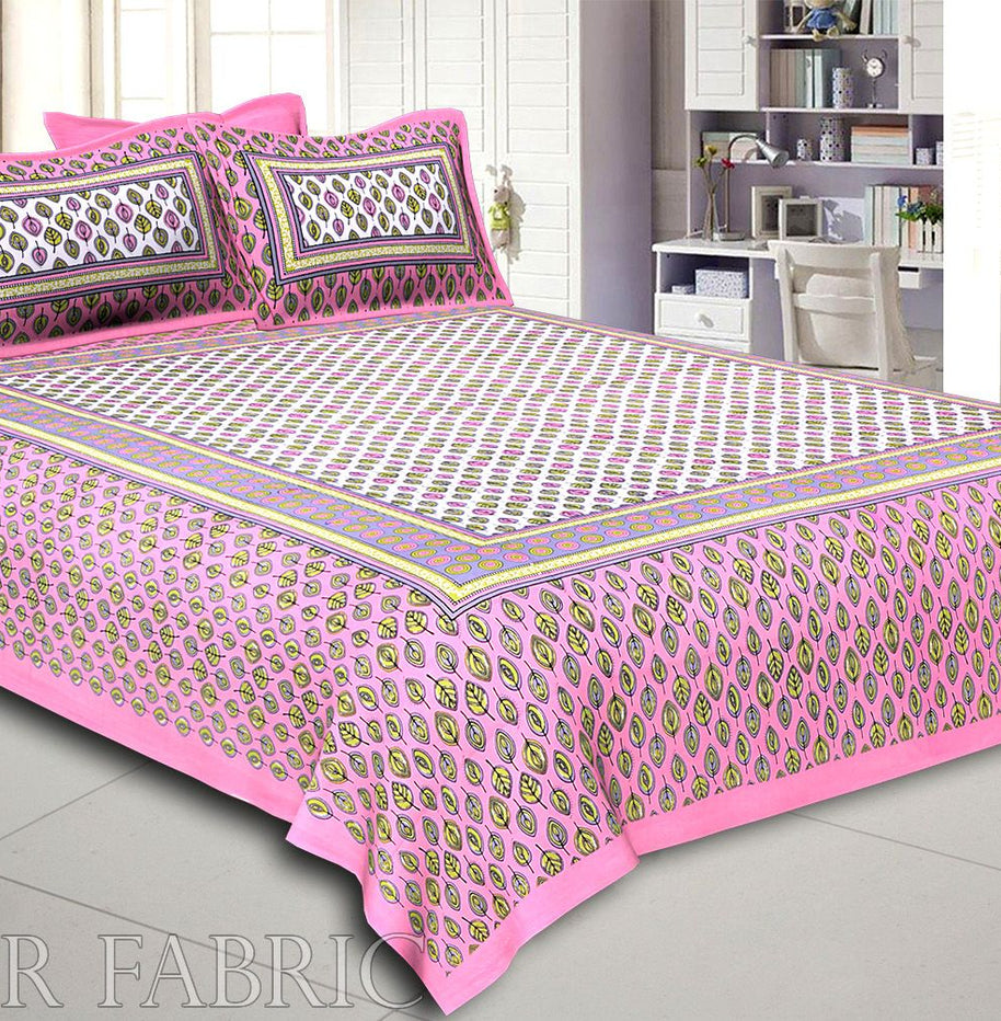 Pink Base leaf and circles Printed Cotton Double Bed Sheet