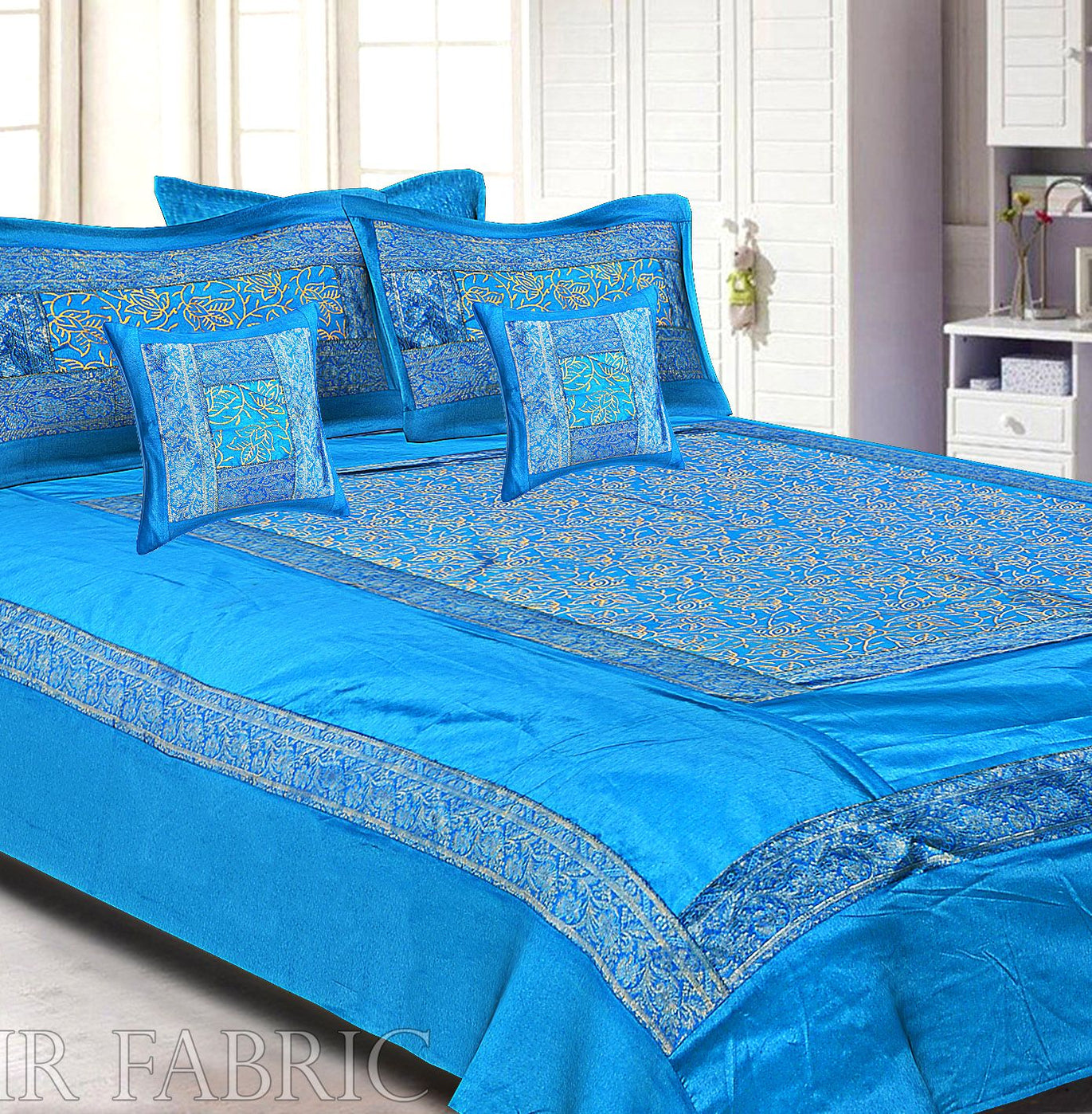 Firozi Base With Golden Print And Zari Border Silk Double Bedsheet