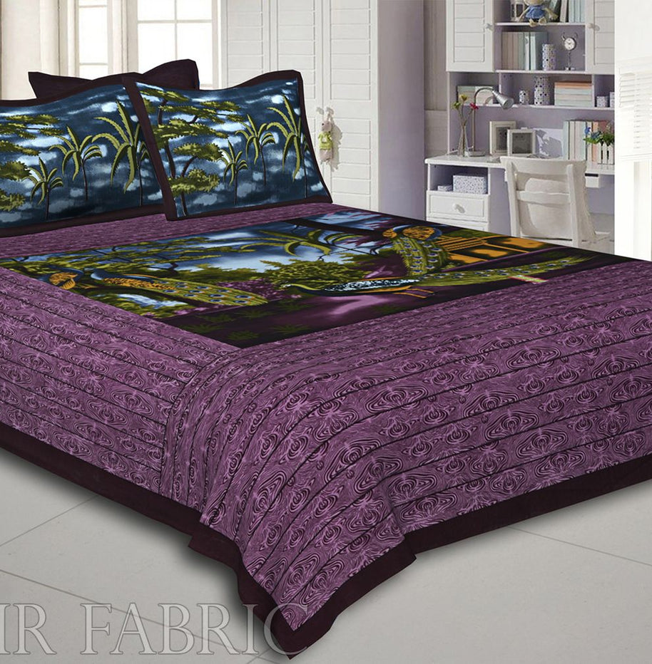 Purple  Border With Green Base Peacock Print Pigment Cotton Double Bedsheet With Two Pillow Cover