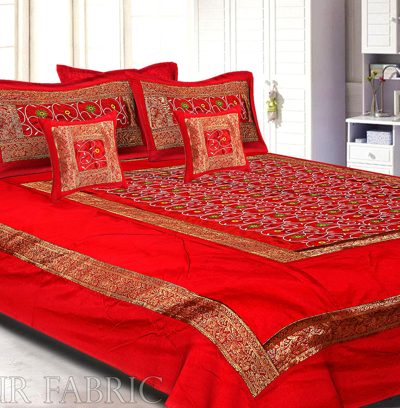 Radish Maroon Base Computer Emboirdery With Zari Border Silk Double Bedsheet