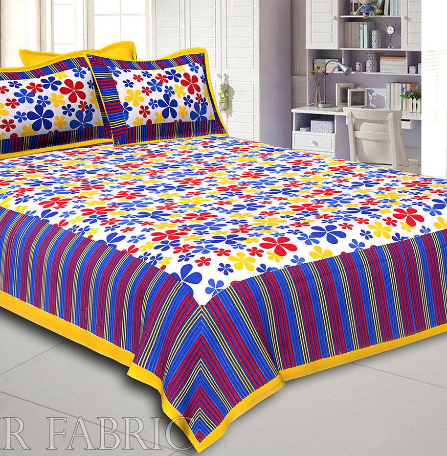 Multi Color Floral Vertical Stripes Yellow Border Cotton Double Bed Sheet