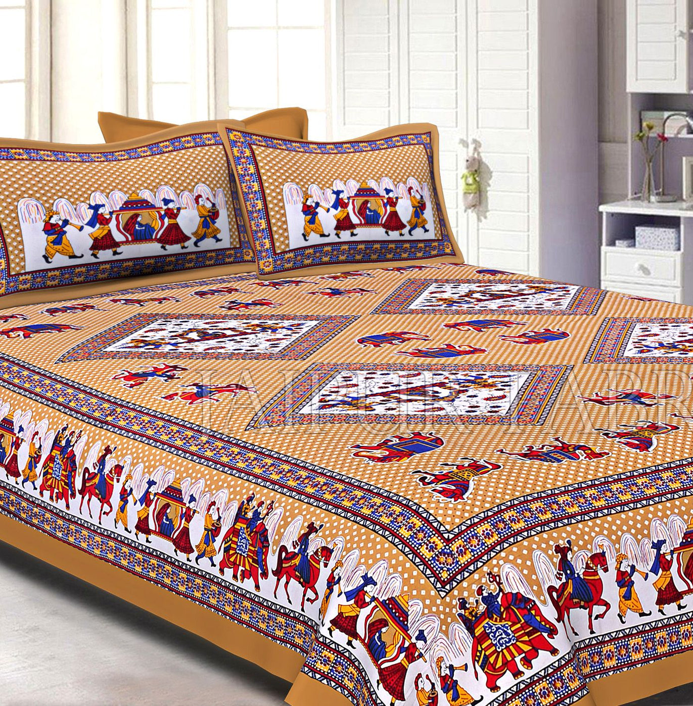 Brown base Jaipur doli design  with elephant Print Double Bed Sheet and Pillow Covers