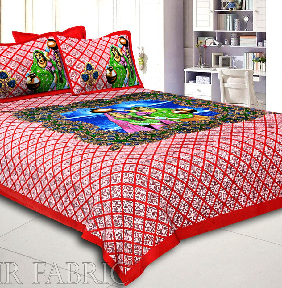 Red Border White  And Blue Base Paniharan  Pattern Double Bedsheet With Two Pillow Cover