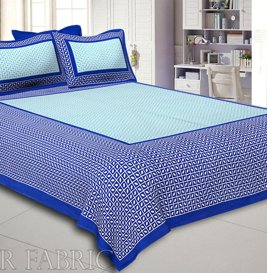 Blue Small Leaf Design Cotton Double Bed Sheet