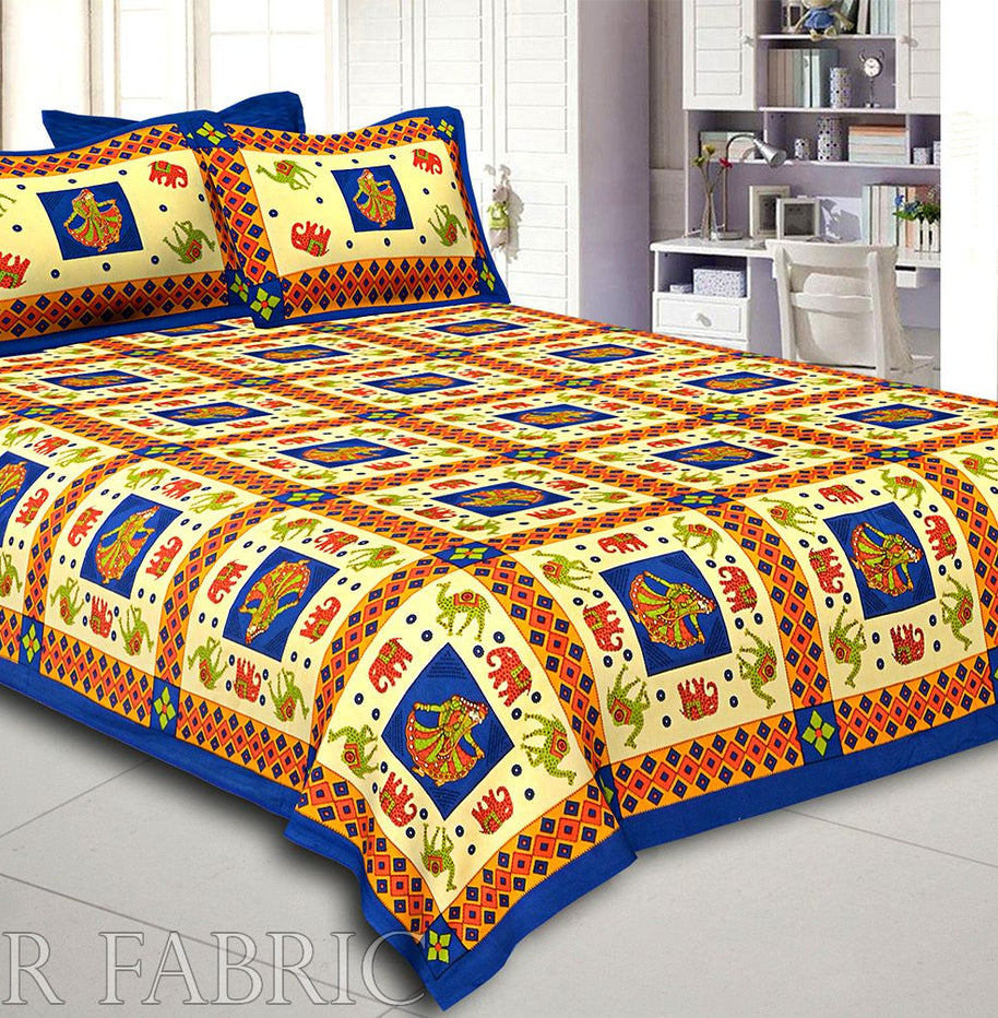 Blue Border Elephant and Camel Rajasthani Folk Dance Cotton Double Bed Sheet