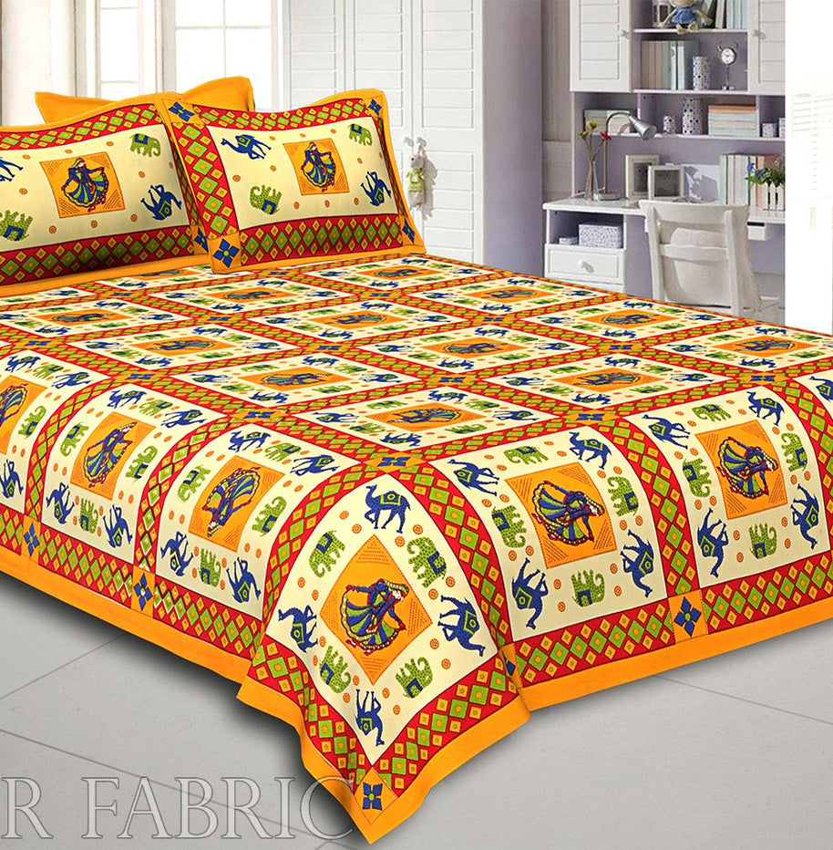 Yellow Border Elephant and Camel Rajasthani Folk Dance Cotton Double Bed Sheet