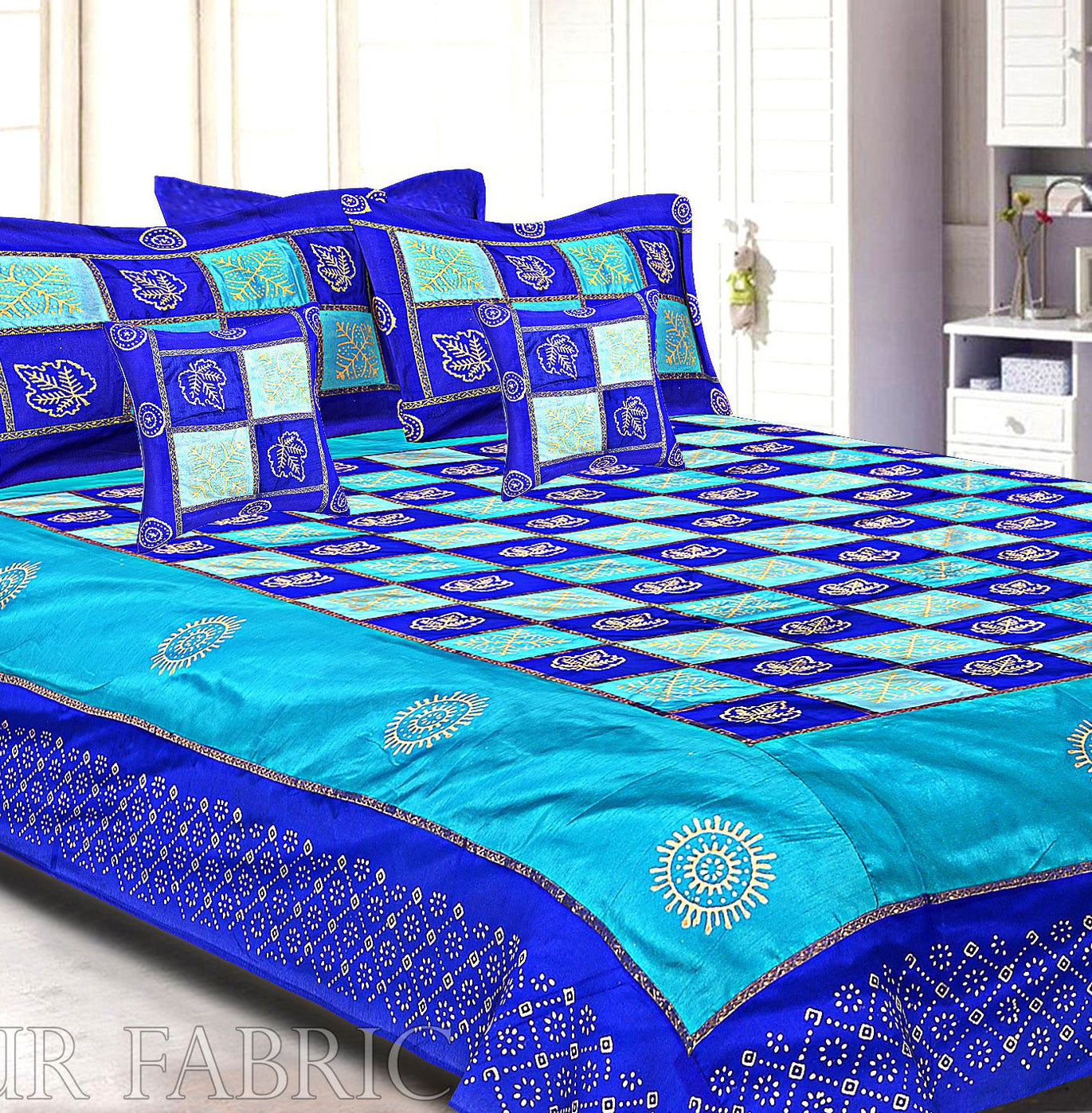 Blue And Firozi Chess Gold Patten  With Golden Print Silk Double Bedsheet