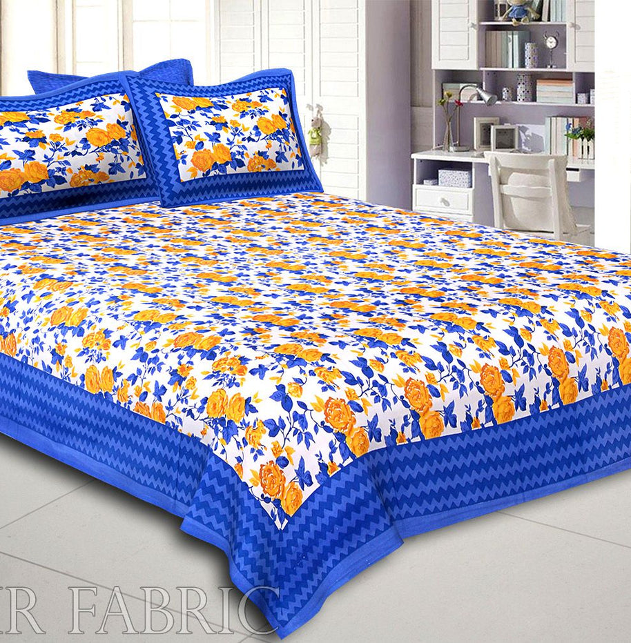 Blue Wavy Border and Floral Print Cotton Double Bed Sheet