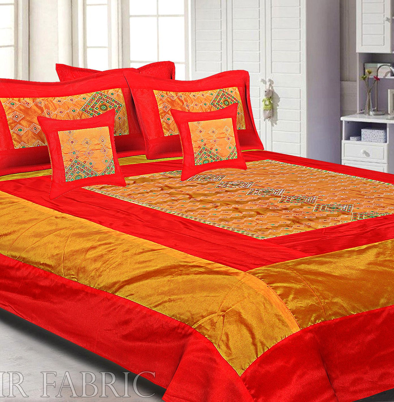 Orange And Red Border  Border Rajwada Pattern Silk Double Bedsheet