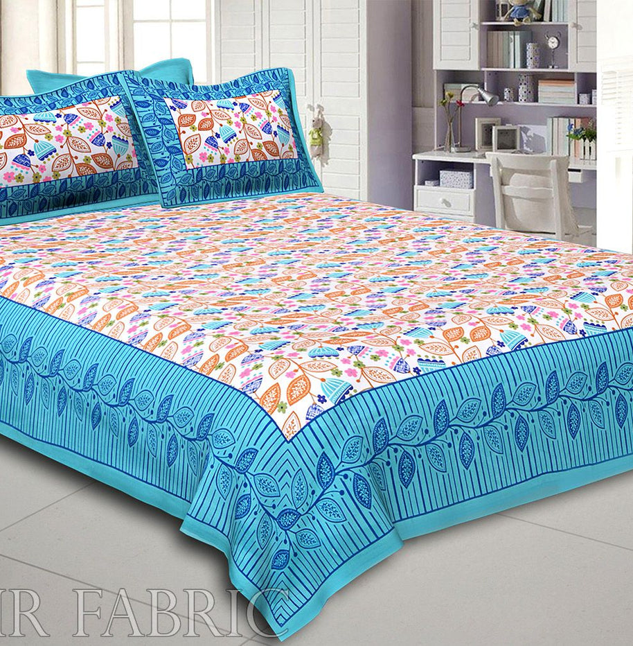 Green Border Flower and Leaf Printed Cotton Double Bed Sheet