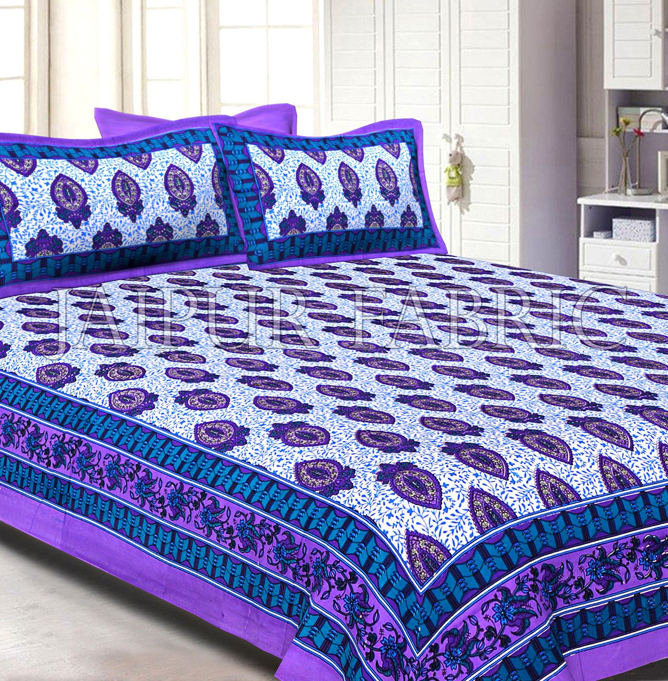 Purple Border Keri Print Cotton Double Bed Sheet