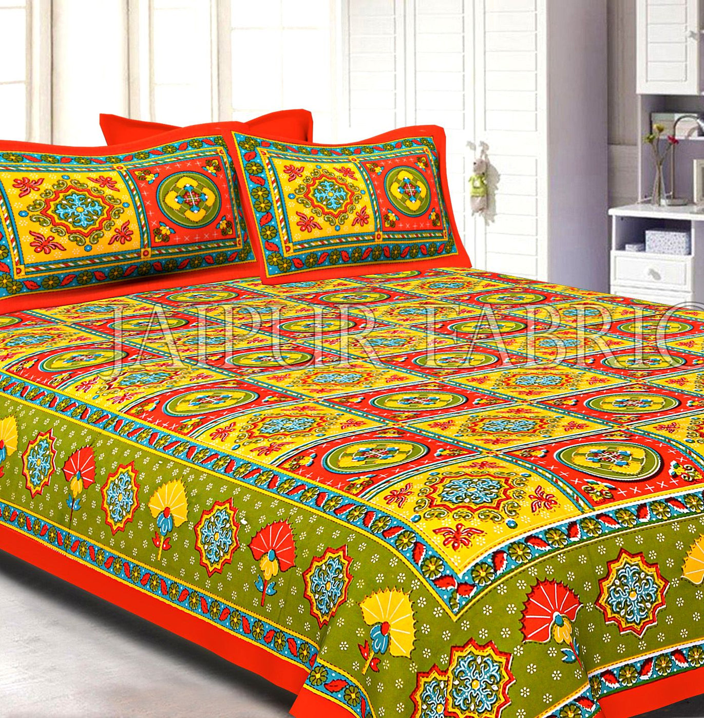 Orange Royal Jaipuri Print Cotton Double Bed Sheet