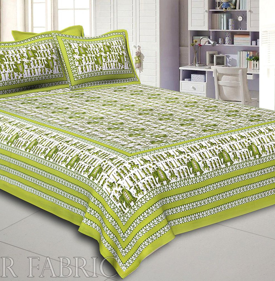 Pastel Green Rajasthani Wedding Printed Cotton Double Bed Sheet